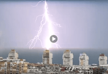 Светкавица заснета на видео удря блок в София Светкавица заснета на видео удря блок в София